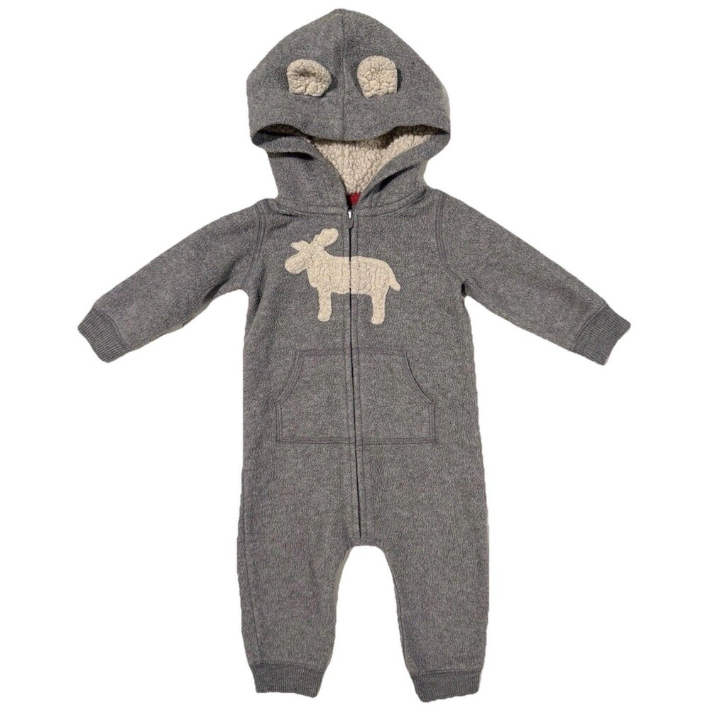 Carters Zip Up Hooded Fleece Romper Grey Moose Ears Size 9 Months A&F Y2K Hoodie